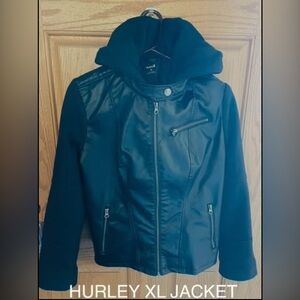 Hurley Black Leather Jacket with Hood - LIKE NEW